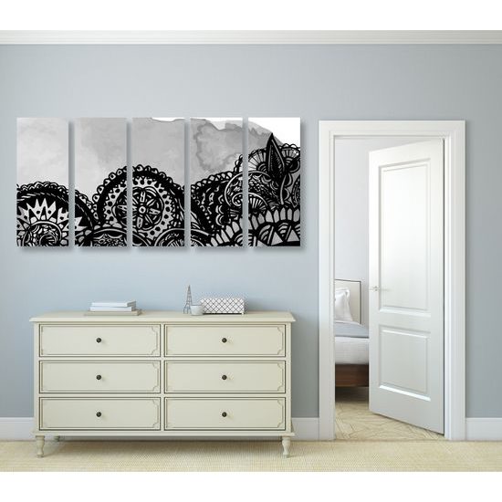 5-dielny obraz zaujímavá čiernobiela Mandala