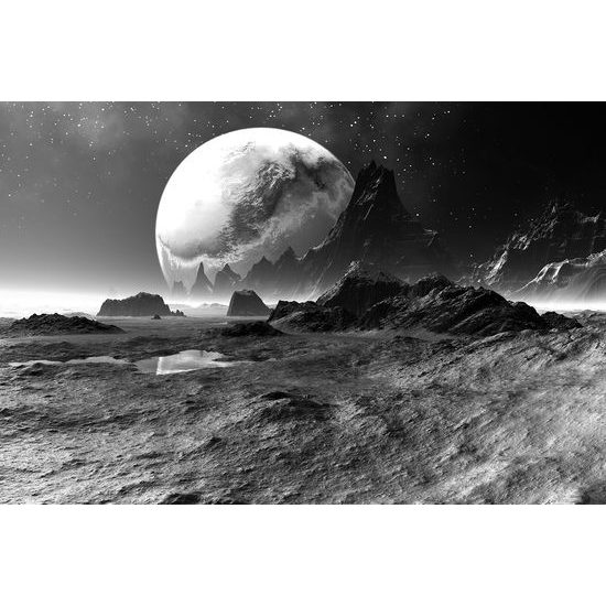 Jedinečná samolepiaca tapeta čiernobiela fantasy planéta