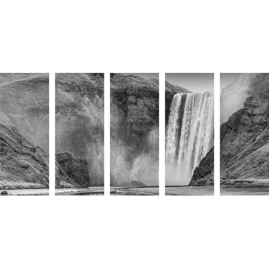 5-dielny obraz majestátny vodopád na Islande v čiernobielom prevedení