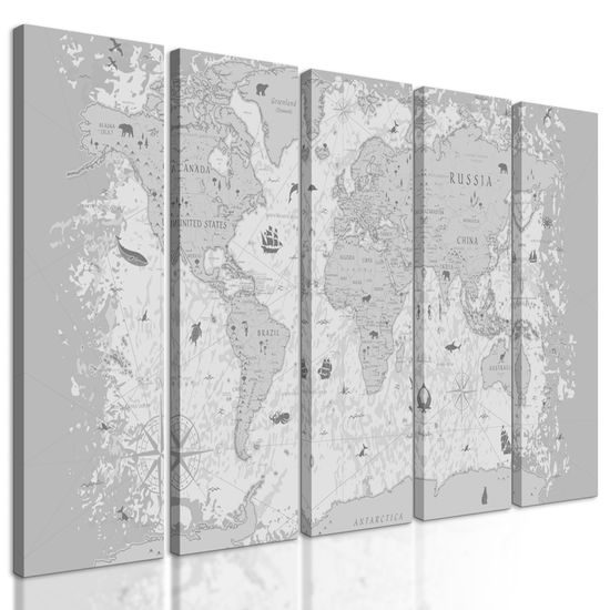5-dielny obraz mapa sveta s historickým nádychom v čiernobielom prevedení