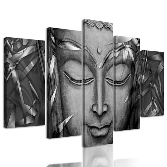 5-dielny obraz abstraktný Budha v čiernobielom prevedení