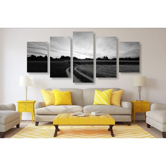 5-dielny obraz zapadajúce slnko nad krajinou v čiernobielom prevedení