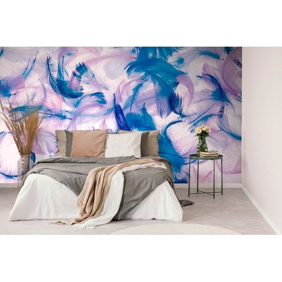 Nádherná samolepiaca tapeta modro-fialové pierka