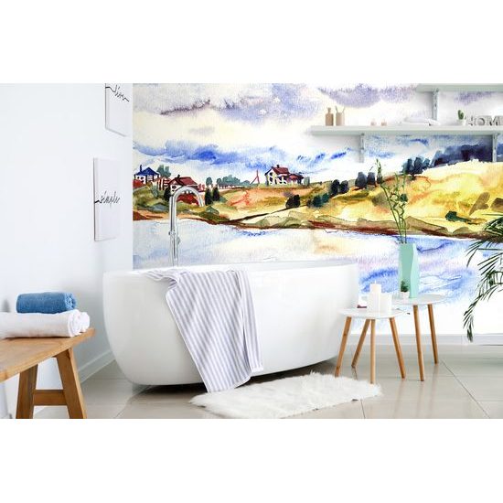 Originálna samolepiaca tapeta maľba dediny na brehu rieky