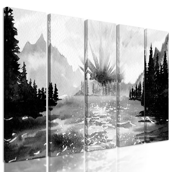 5-dielny obraz maľovaná horská krajinka v čiernobielom prevedení