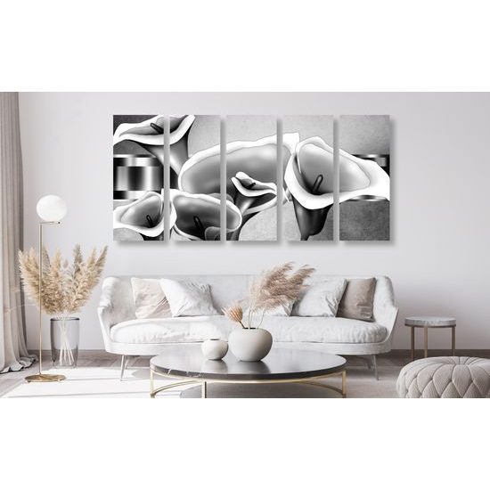 5-dielny obraz luxusné kvety kaly v čiernobielom prevedení