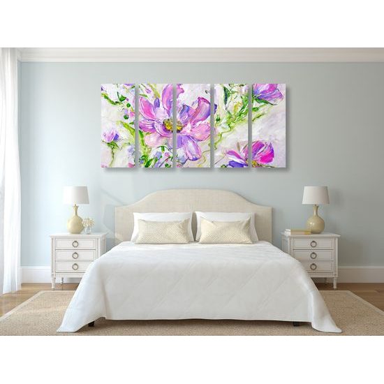 5-dielny obraz olejomaľba letných fialových kvetov