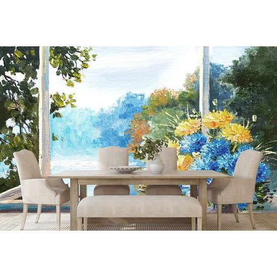 Samolepiaca tapeta maľovaný črepník s kvetmi na okne