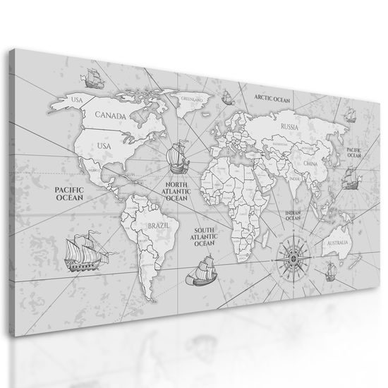 Obraz čiernobiela mapa sveta so starými obchodnými cestami