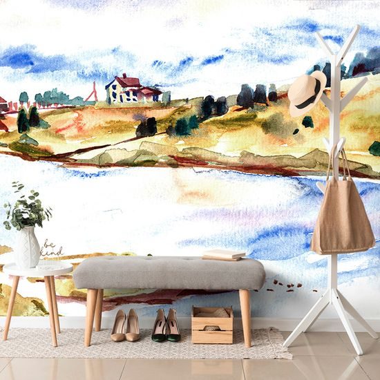 Originálna samolepiaca tapeta maľba dediny na brehu rieky