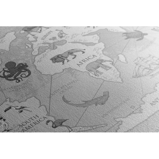 Obraz kreslená mapa sveta s zvieratami v čiernobielom prevedení