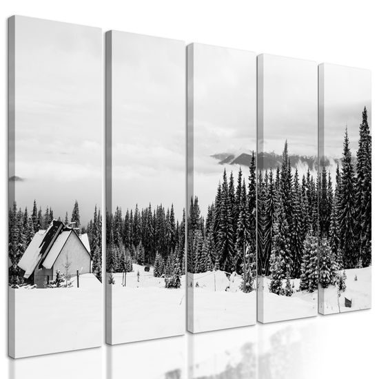 5-dielny obraz čiernobiely obraz domček uprostred zasneženej krajiny