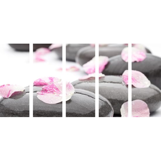 5-dielny obraz zen kamene s lupeňami kvetu