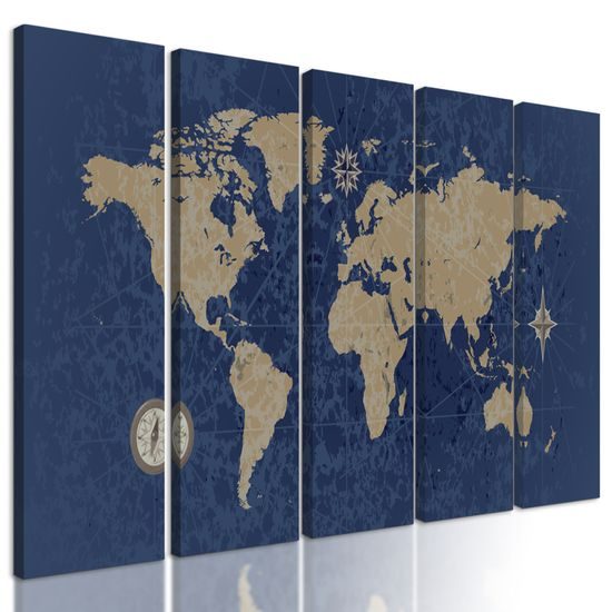 5-dielny obraz vintage mapa sveta v modrom prevedení