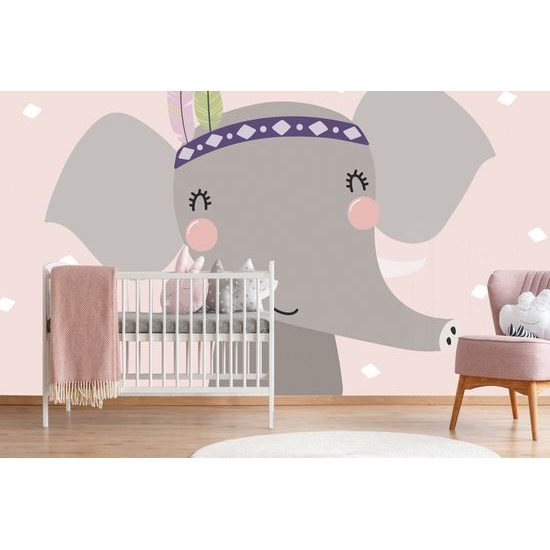 Samolepiaca tapeta šťastný sloník s pierkovou čelenkou