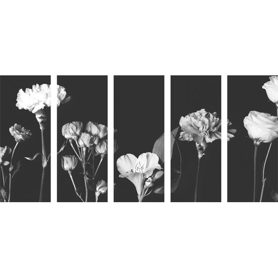 5-dielny obraz nádherné kvety v čiernobielom prevedení