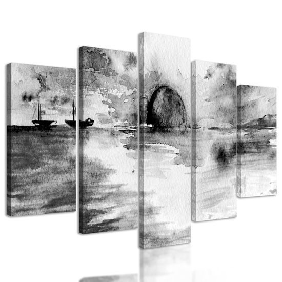 5-dielny obraz západ slnka za horizont v čiernobielom prevedení