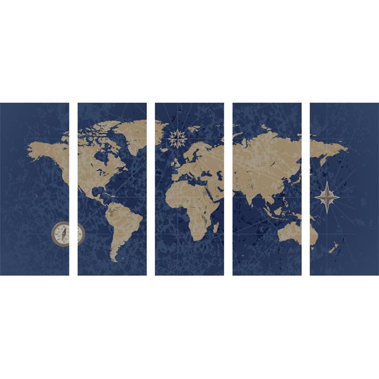 5-dielny obraz vintage mapa sveta v modrom prevedení