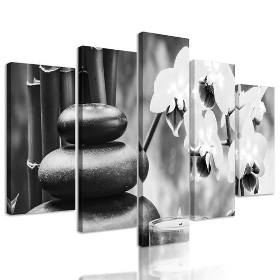 5-dielny obraz prírodné wellness zátišie v čiernobielom prevedení