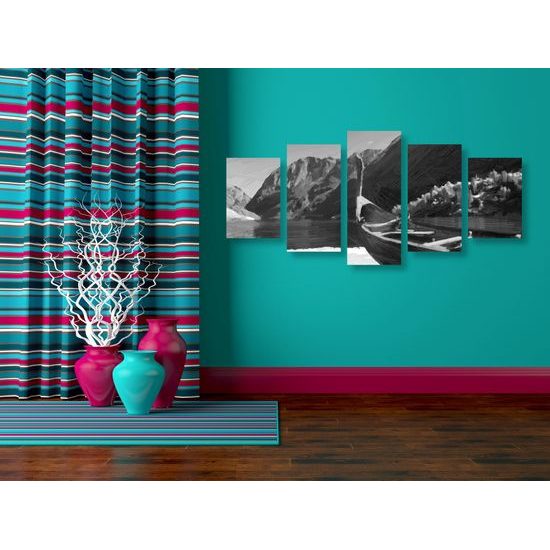 5-dielny obraz maľovaná vikingská loď v čiernobielom prevedení