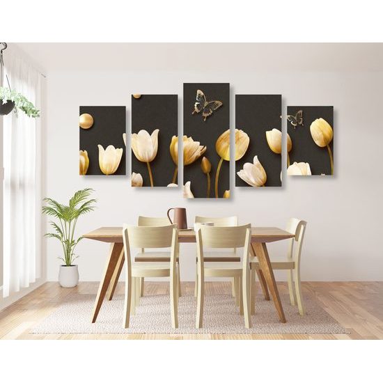 5-dielny obraz zlaté tulipaný v elegantnom prevedení