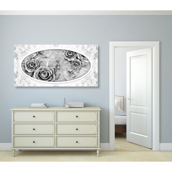 Obraz nádherné historické ruže v čiernobielom prevedení