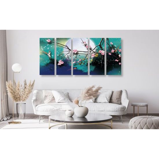 5-dielny obraz vtáčiky lietajúce za splnu mesiaca