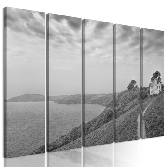 5-dielny obraz dom pri mori v čiernobielom prevdení