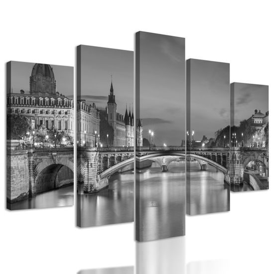5-dielny obraz okúzľujúci nočný Paríž v čiernobielom prevedení