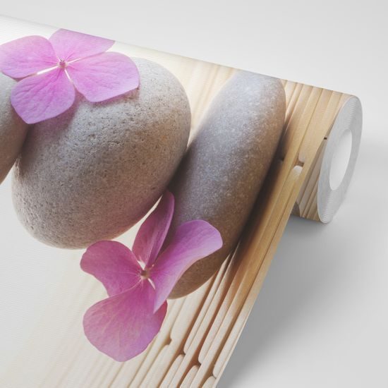 Samolepiaca fototapeta rovnováha kameňov s ružovými kvietkami