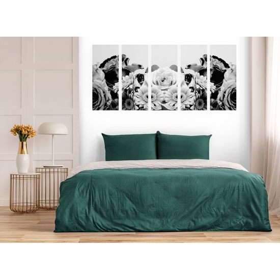 5-dielny obraz pôvabná kvetinová kompozícia v čiernobielom prevedení