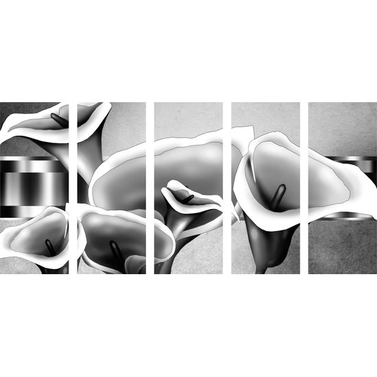 5-dielny obraz luxusné kvety kaly v čiernobielom prevedení