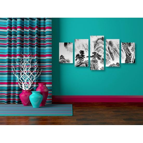 5-dielny obraz maľba činskej prírody v čiernobielom prevedení