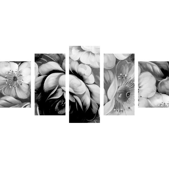 5-dielny obraz abstraktná maľba kvetín v čiernobielom prevedení