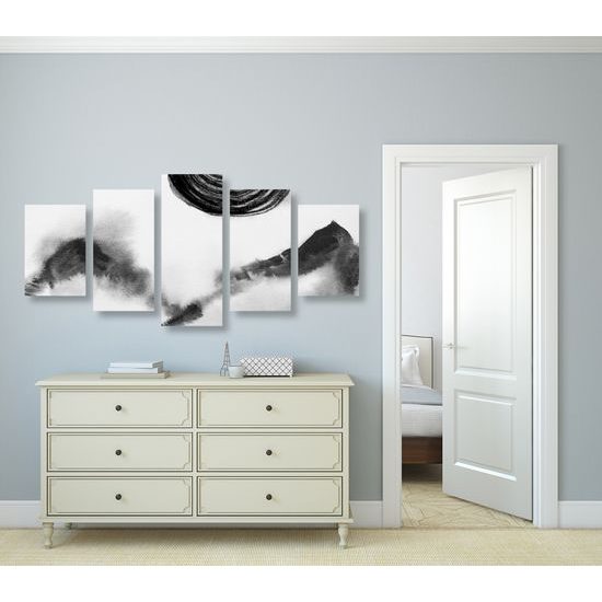 5-dielny obraz japonská abstrakcia hôr v čiernobielom prevedení