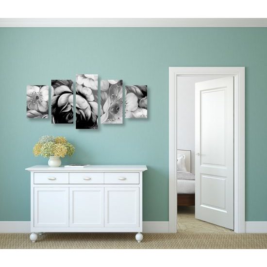 5-dielny obraz abstraktná maľba kvetín v čiernobielom prevedení