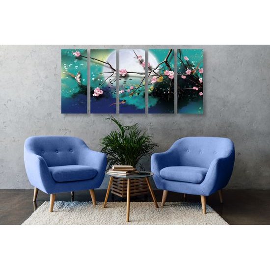 5-dielny obraz vtáčiky lietajúce za splnu mesiaca