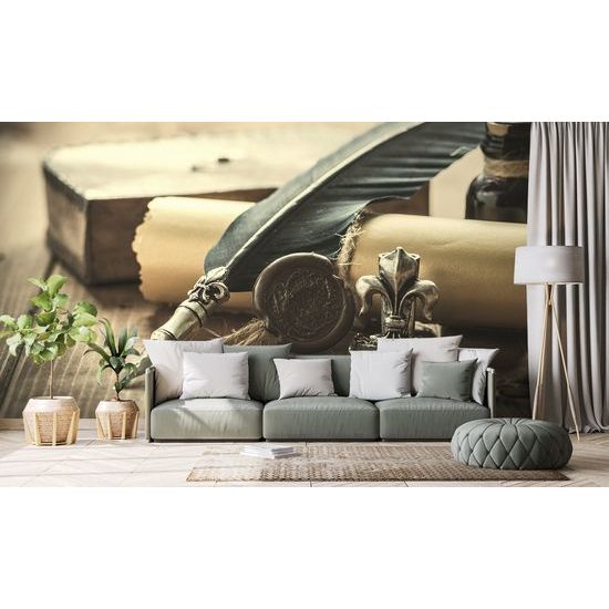 Samolepiaca fototapeta zátišie so starodávnym perom a pergamenom