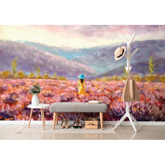 Samolepiaca tapeta maľba ženy uprostred kvetinovej lúky