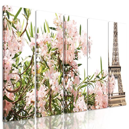 5-dielny obraz ružové kvety pod Eiffelovou vežou