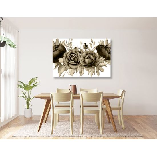 Obraz nežné splynutie ruží a listov v sépiovom prevedení