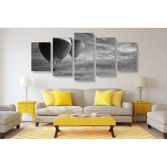 5-dielny obraz romatický let balónom v čiernobielom prevedení