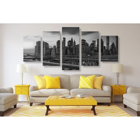 5-dielny obraz nočný New York v čiernobielom prevedení