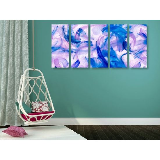 5-dielny obraz fialovo modré abstraktné pierka na bielom pozadí
