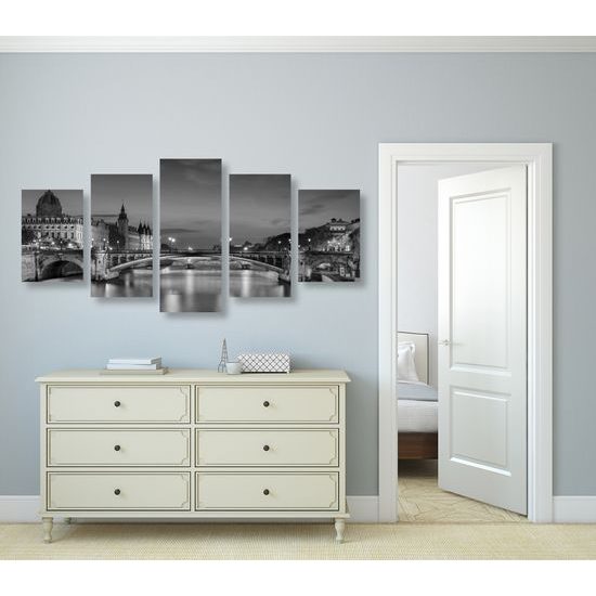 5-dielny obraz okúzľujúci nočný Paríž v čiernobielom prevedení