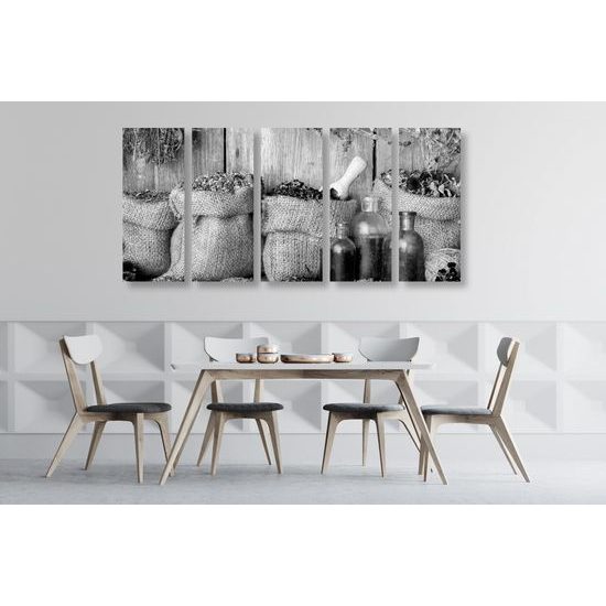 5-dielny obraz poľné bylinky v čiernobielom prevedení