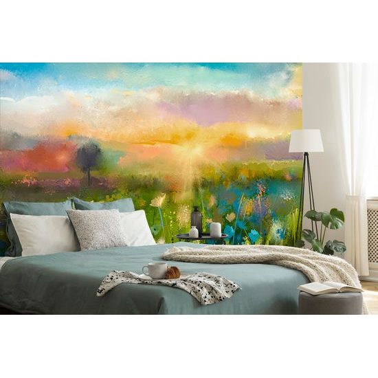 Samolepiaca tapeta olejomaľba lúky v žiare slnka