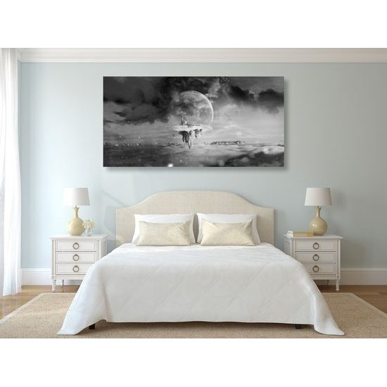 Obraz zasnežená krajina v snežítku v čiernobielom prevedení