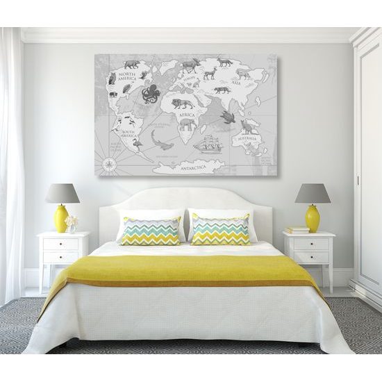 Obraz kreslená mapa sveta s zvieratami v čiernobielom prevedení