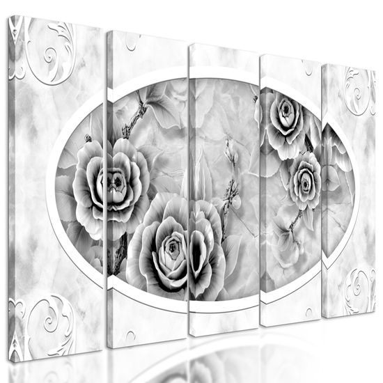 5-dielny obraz nádherné historické ruže v čiernobielom prevedení